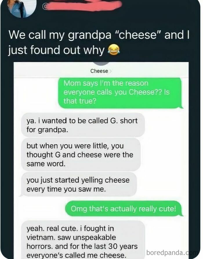 A wholesome and unusual text conversation revealing a grandpa's nickname, Cheese, and its cute origin.