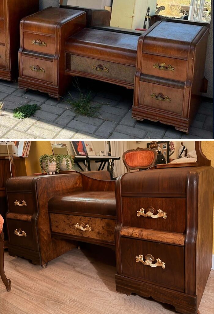 Before and after of an old piece of furniture, a wooden bench with side cabinets, revived into a stylish seating area.