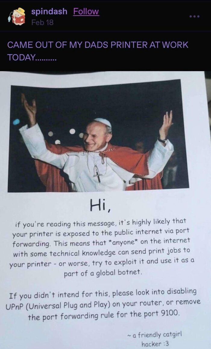 A wholesome and unusual image showing a printer warning with a picture of the Pope.