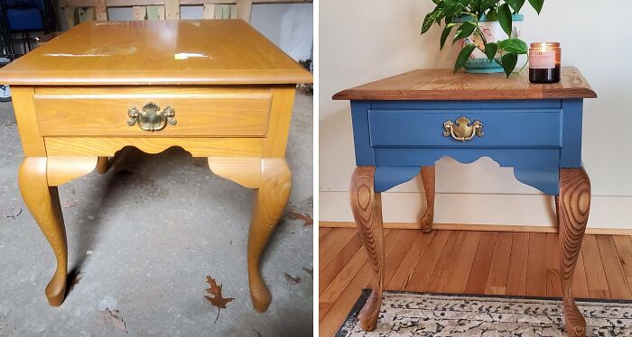 A before-and-after of an old piece of furniture, a wooden side table, revived with a fresh blue paint and natural wood top.