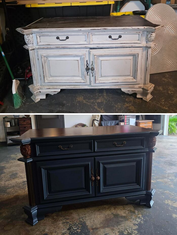 An old piece of furniture, a distressed light blue cabinet, revived with a sleek dark blue and wood finish.