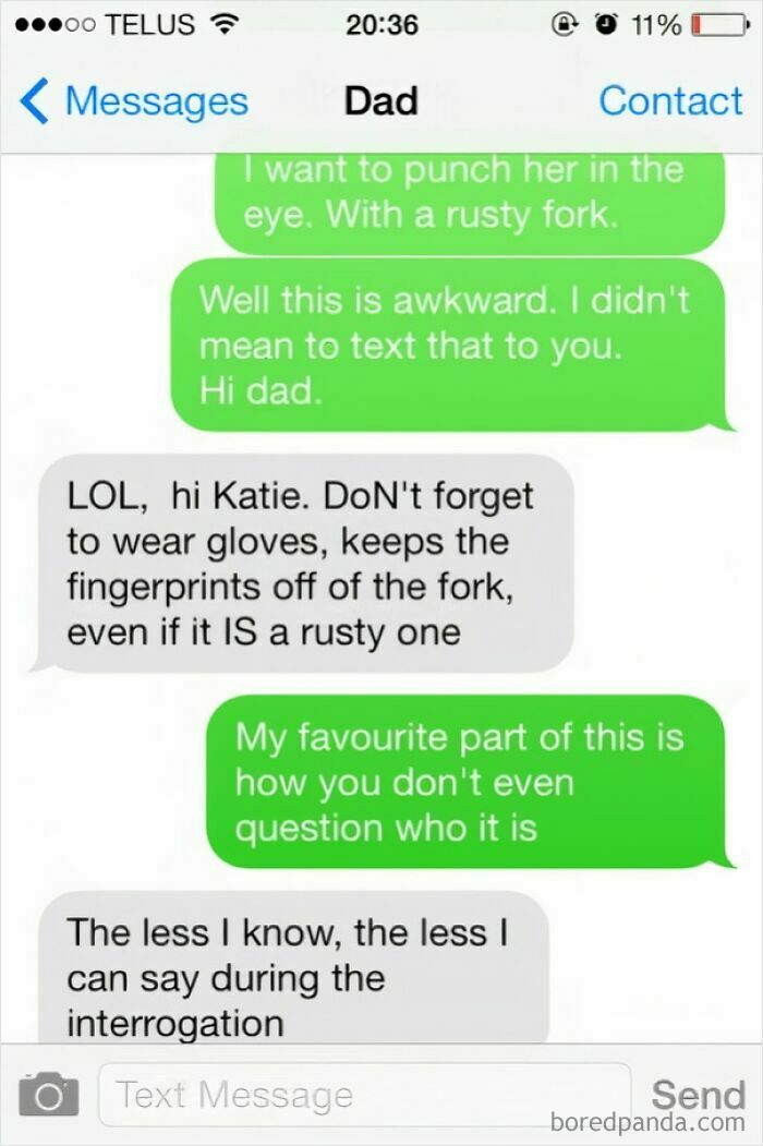 A screenshot of a wholesome text message conversation between a dad and daughter about unusual things.