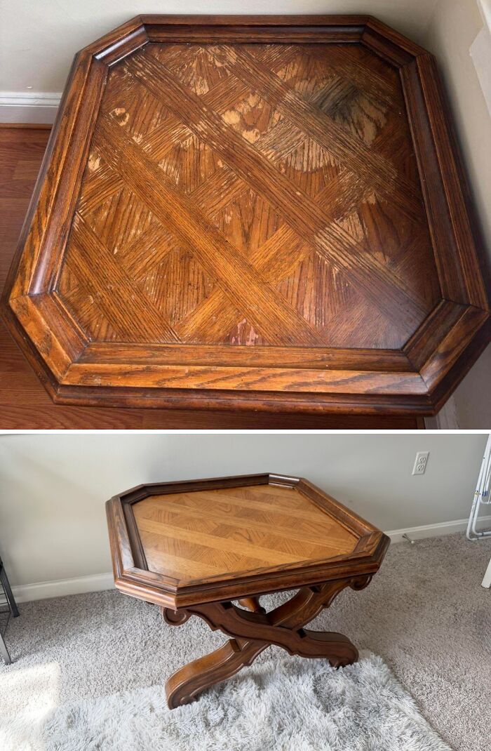 A before-and-after view of an old piece of furniture, an octagonal wooden side table, before and after revival.
