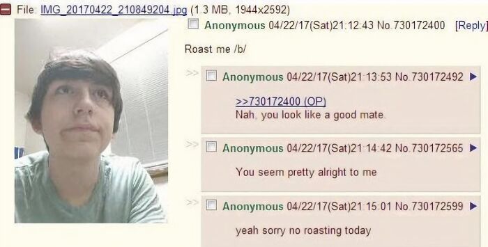 A screenshot showing wholesome comments on an image of a young person on a 4chan post, part of weird and unusual things.