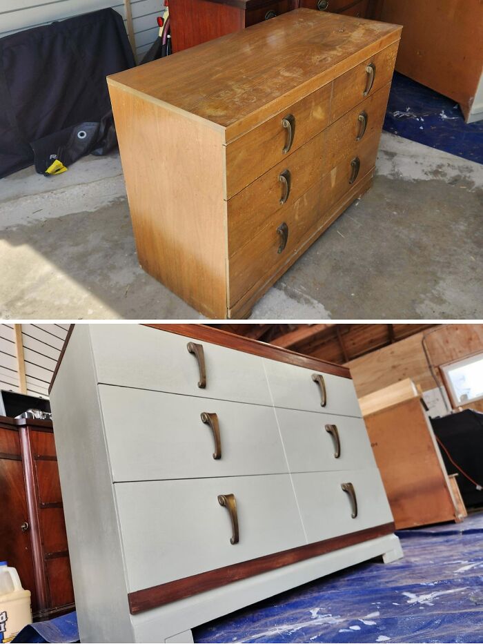 A before-and-after of an old piece of furniture: a wooden dresser revived with a light gray paint and dark wood trim.