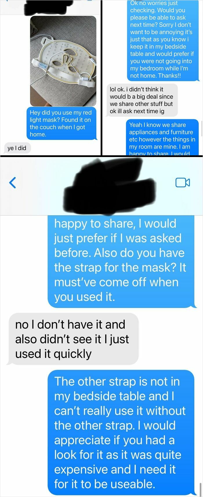A phone screen displays a text conversation between roommates discussing a shared red light mask.