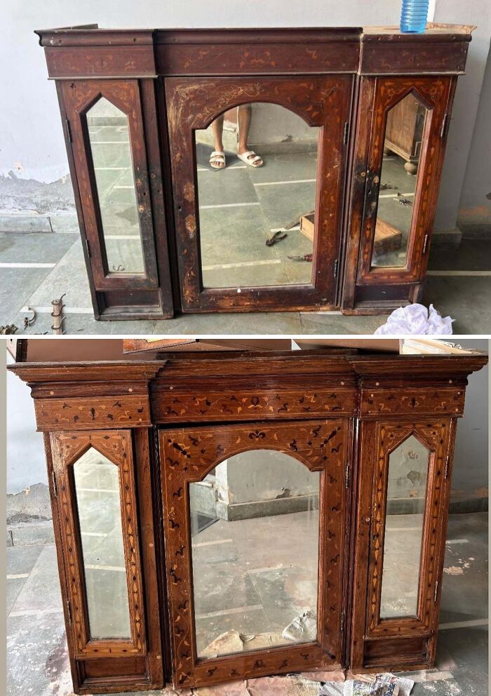 Revived old piece of furniture: a wooden cabinet with mirrors before and after restoration, showcasing its potential.