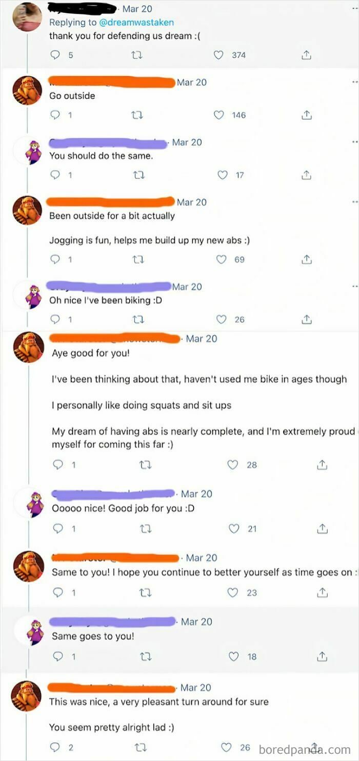 Wholesome social media comments exchanging encouraging words about exercise and self-improvement.