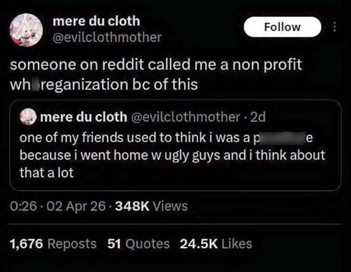A tweet sharing a hilariously savage burn where someone was called a non-profit organization for going home with ugly guys.
