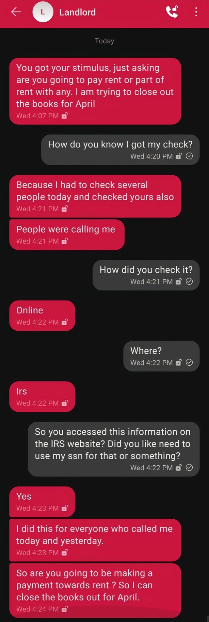 A text message conversation where a landlord asks a tenant for their stimulus check to pay rent.