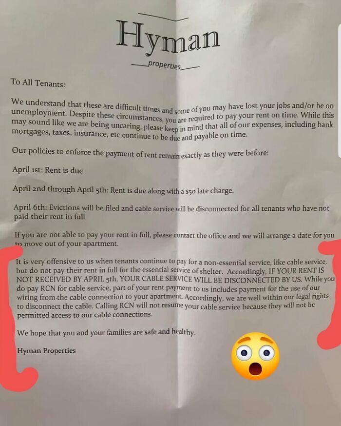 A letter from Hyman Properties informing tenants of rent due dates and consequences for late payment.