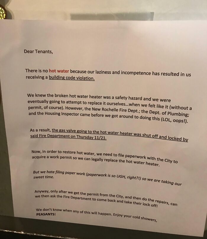 A letter to tenants from a horrible landlord, explaining the lack of hot water due to their laziness and incompetence, including a building code violation.