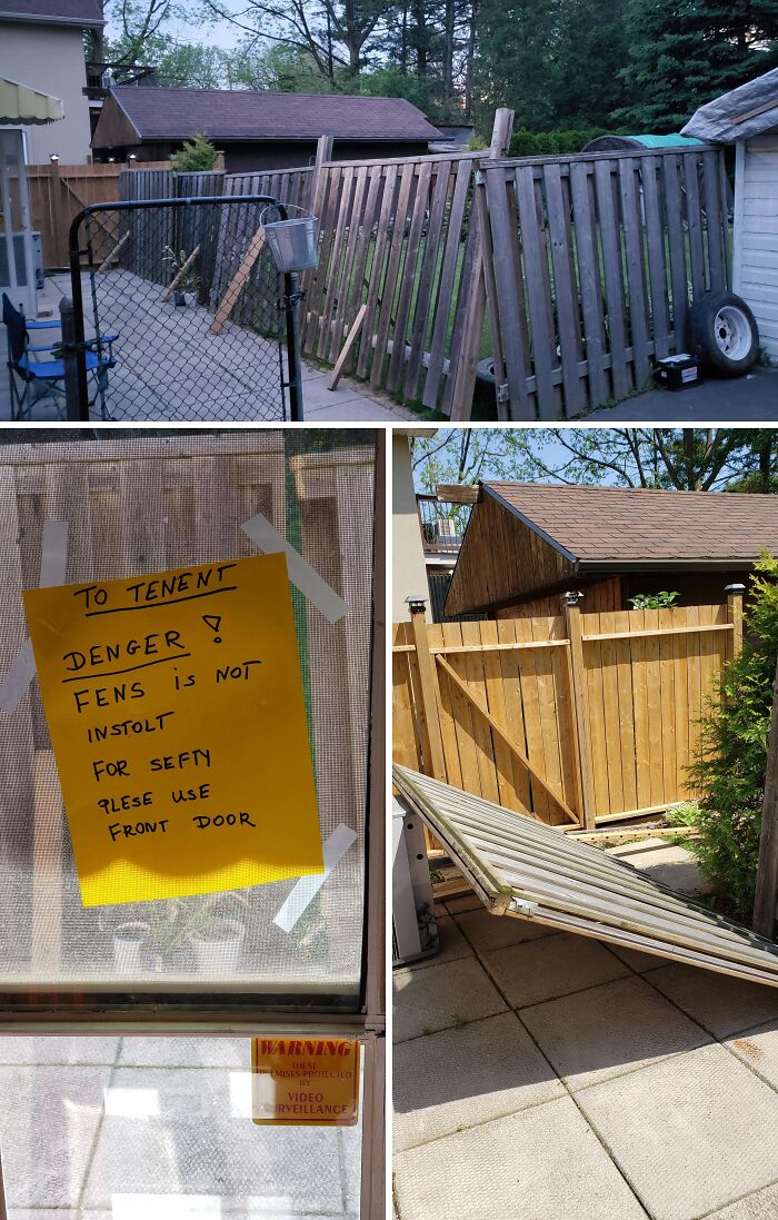 Multiple images showing a dilapidated fence and a note to tenant about its instability, exemplifying a horrible landlord situation.