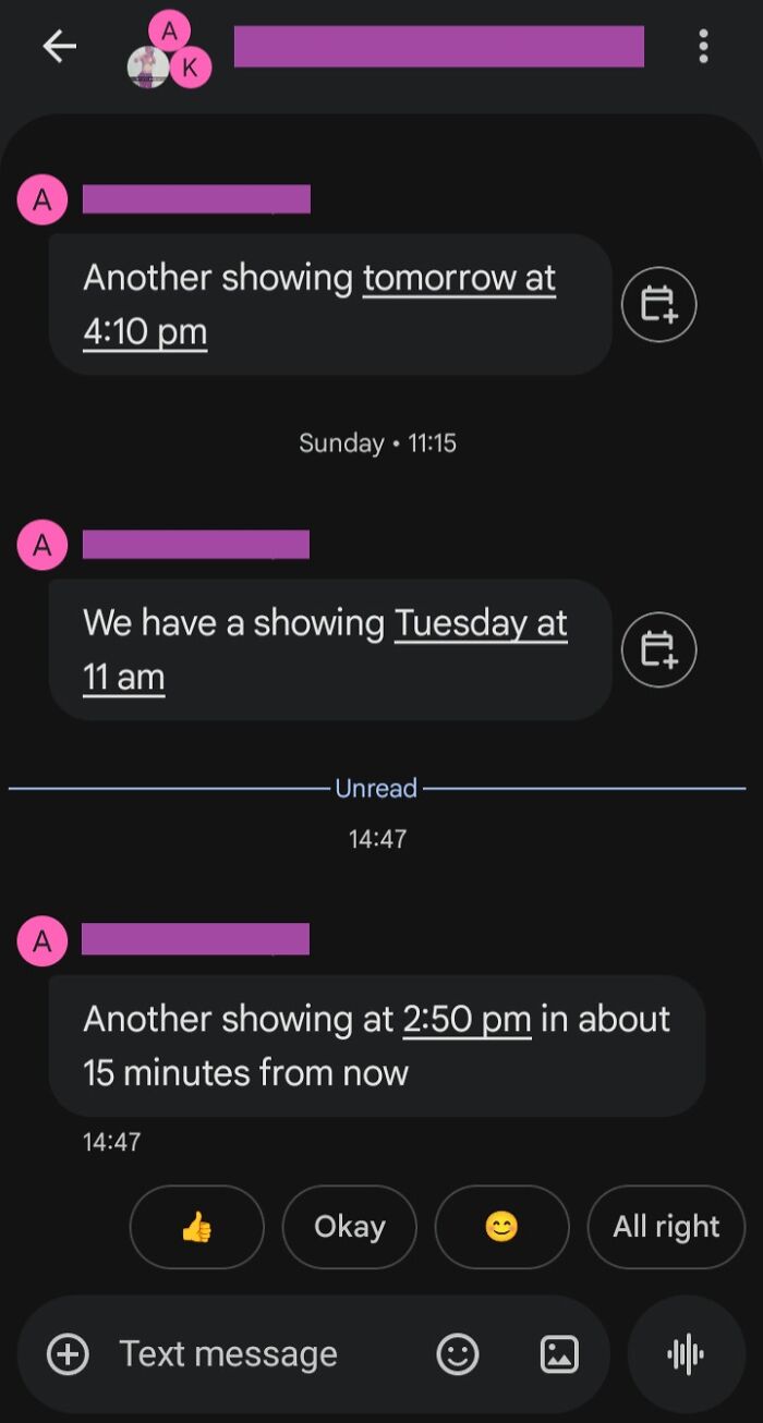 Text messages show a landlord frequently scheduling multiple showings, making their tenant's life miserable.