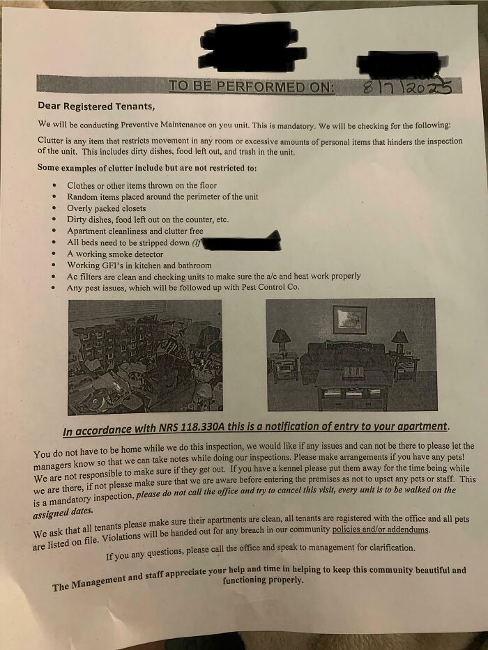 A notice from a landlord detailing mandatory unit inspection rules, creating miserable lives for tenants.