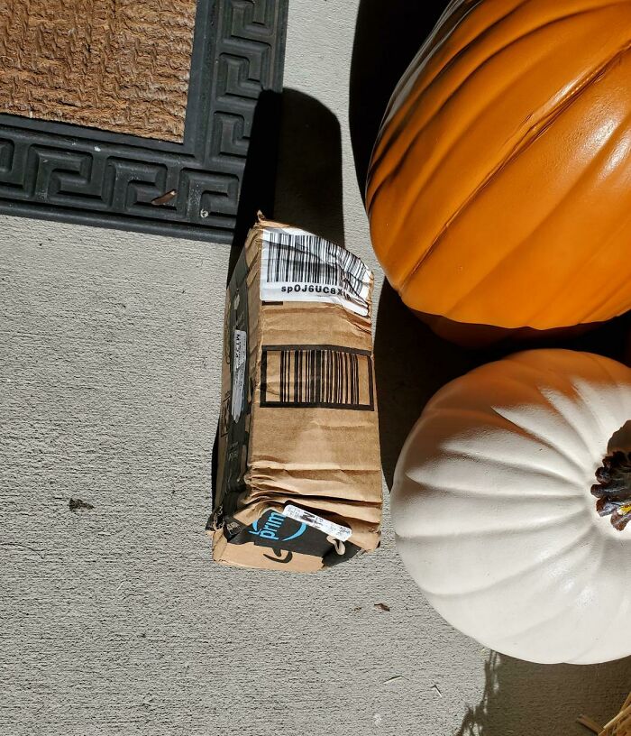 A delivery fail depicts a severely damaged package next to decorative orange and white pumpkins on a doorstep.