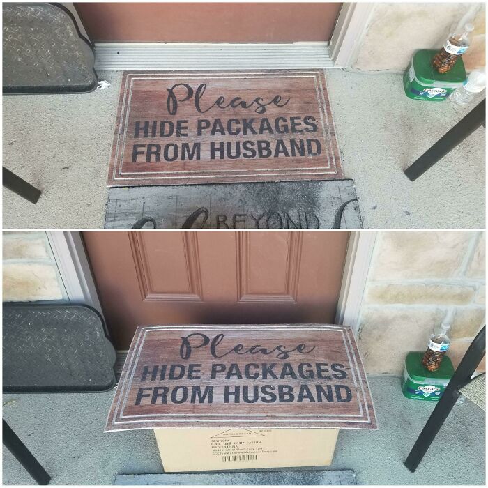 A doormat requesting packages be hidden from husband, with a large box placed directly on top, a funny delivery fail.