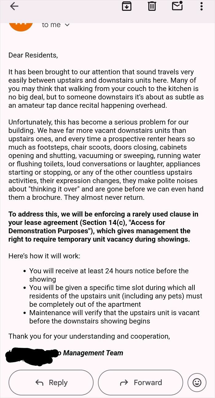 A letter from management to residents about noise complaints and enforcing a lease clause for temporary unit vacancy during showings.
