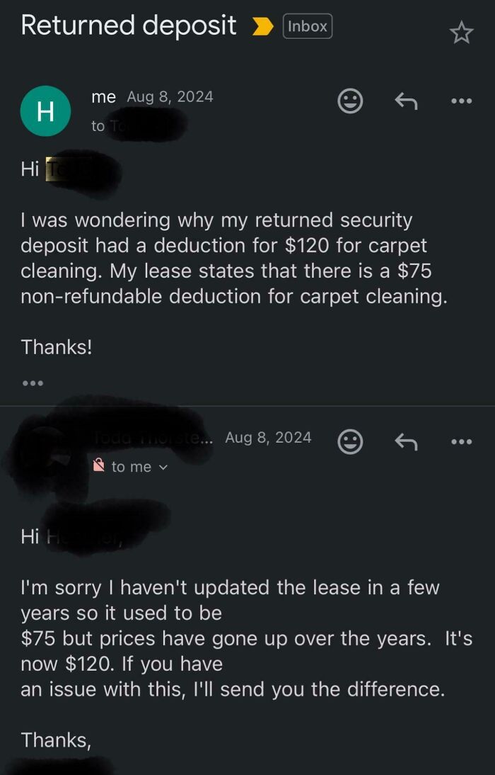 An email exchange showing a tenant disputing a security deposit deduction for carpet cleaning with a landlord.