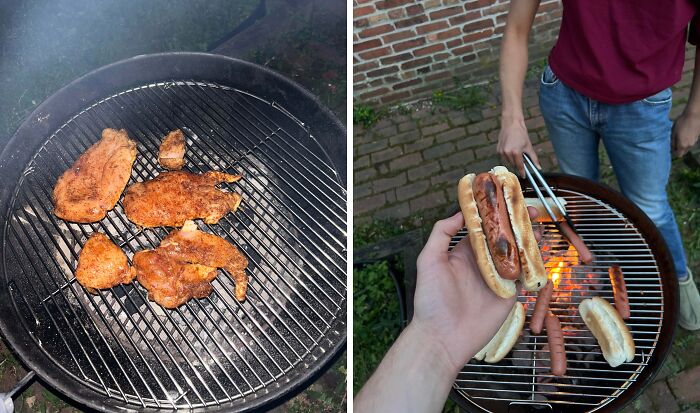 A split image showing a grill with chicken on one side and a person grilling hot dogs on the other, illustrating horrible landlords.