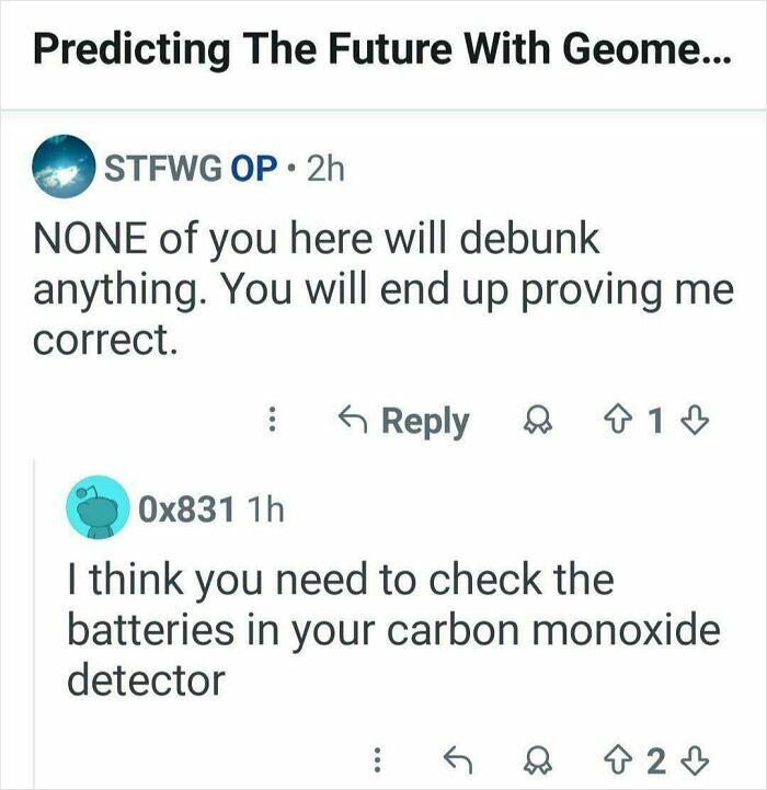 Hilariously savage burn: a Reddit comment suggesting someone needs to check their carbon monoxide detector.