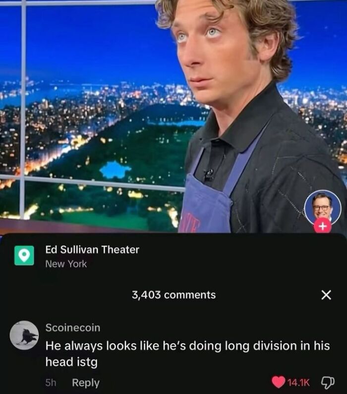 A screenshot of a savage burn comment describing a man's expression as doing long division in his head.