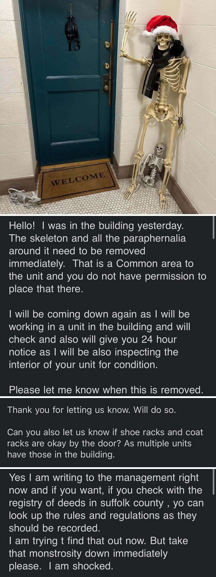 A skeleton wearing a Santa hat leaning against a door with a welcome mat, accompanied by text messages about a horrible landlord demanding its removal.
