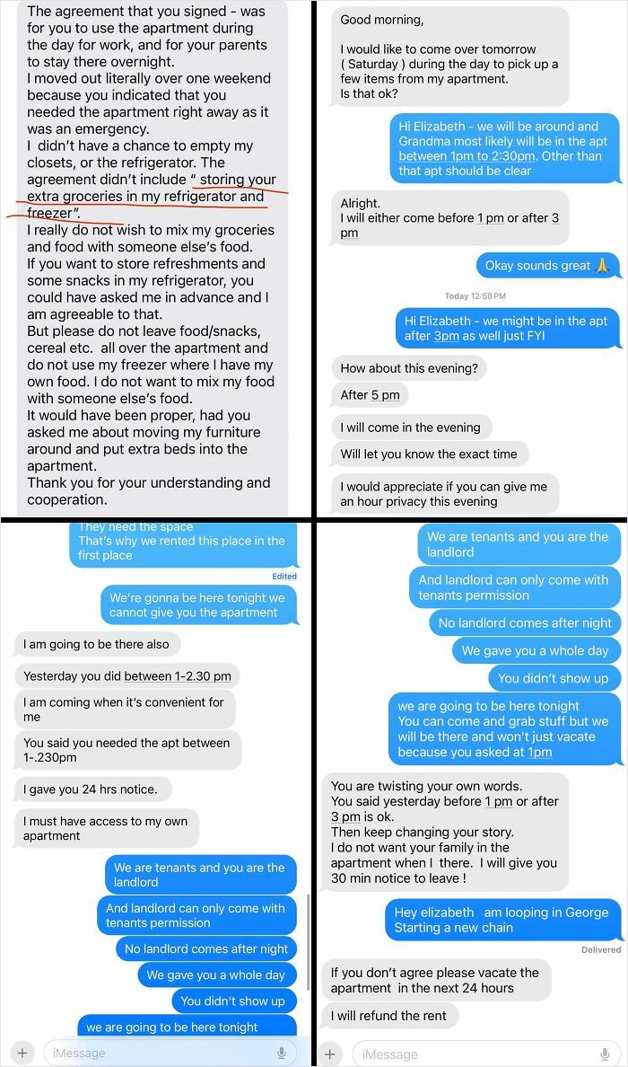 A collage of text messages showing various instances of horrible landlords making their tenant's life miserable by entering without permission.
