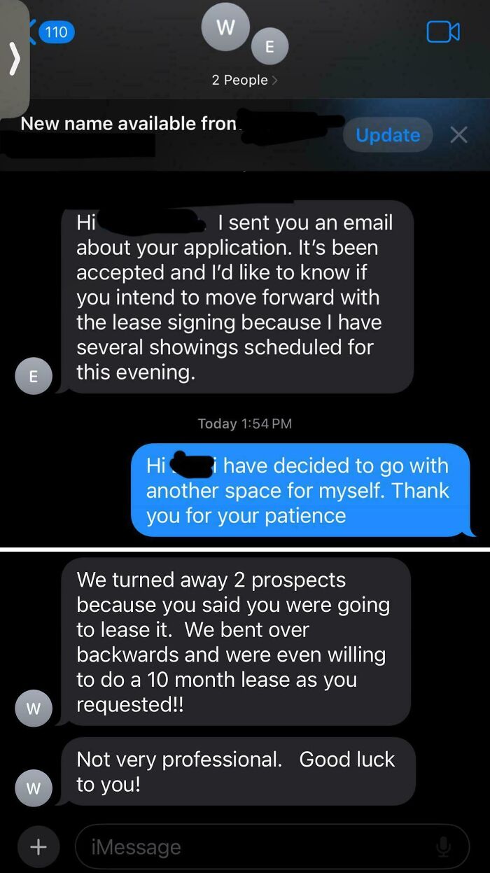 A screenshot of text messages between a landlord and tenant, showing horrible landlords cancelling a lease after the tenant decided not to move forward.
