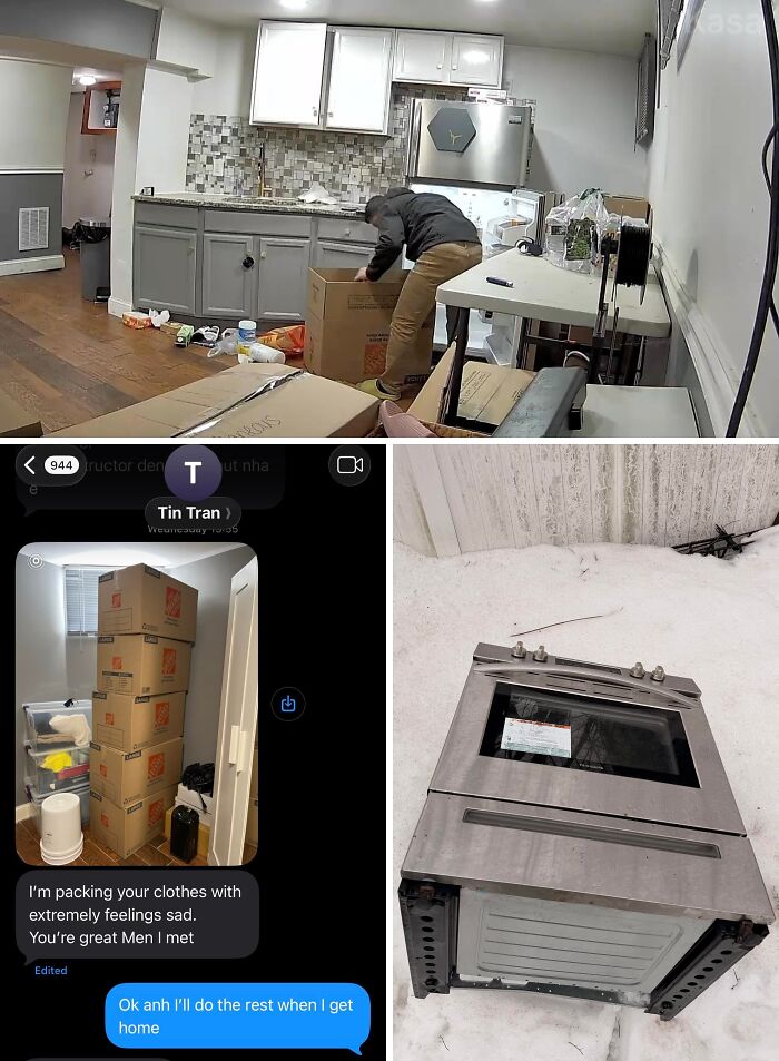 A collage showing a landlord packing, boxes, and an appliance in the snow, illustrating a horrible landlord making a tenant's life miserable.
