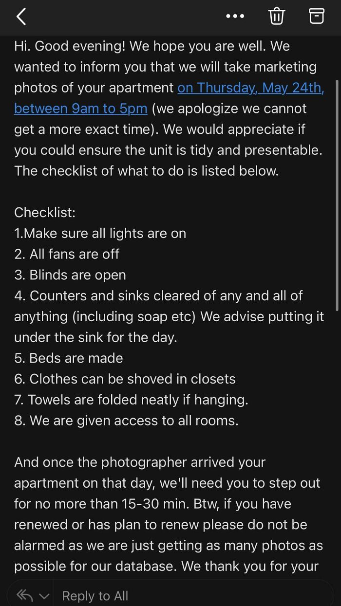 An email from a landlord demanding a tenant prepare their apartment for marketing photos.