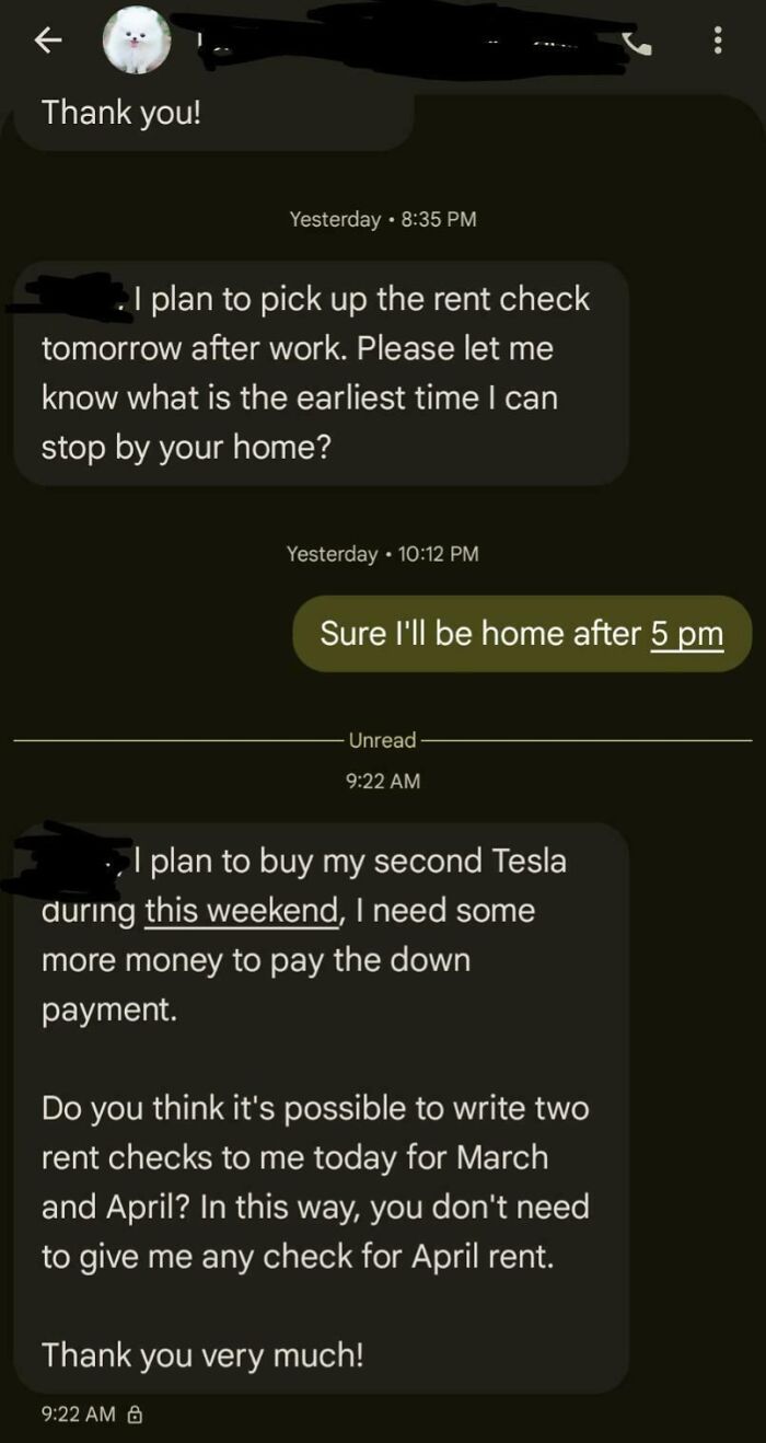Text messages where a landlord asks for two months rent to buy a second Tesla, exemplifying a horrible landlord.