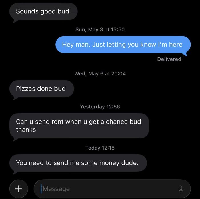 A series of text messages, where a landlord repeatedly demands money, showing a horrible landlord interaction with a tenant.