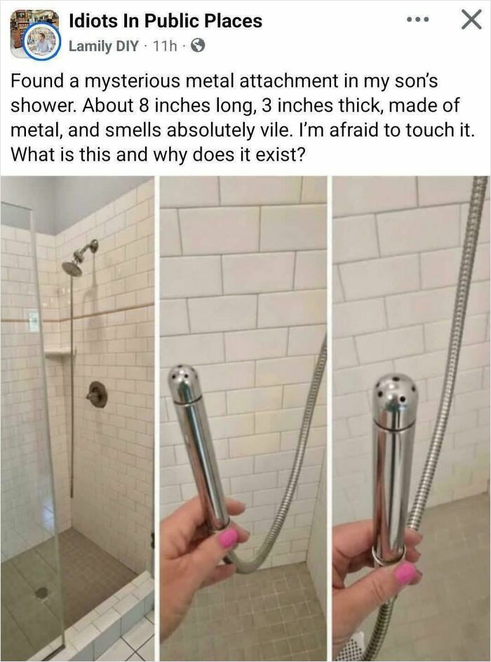 A collage showing a shower with a mysterious metal attachment, an object that should be left alone due to its vile smell.