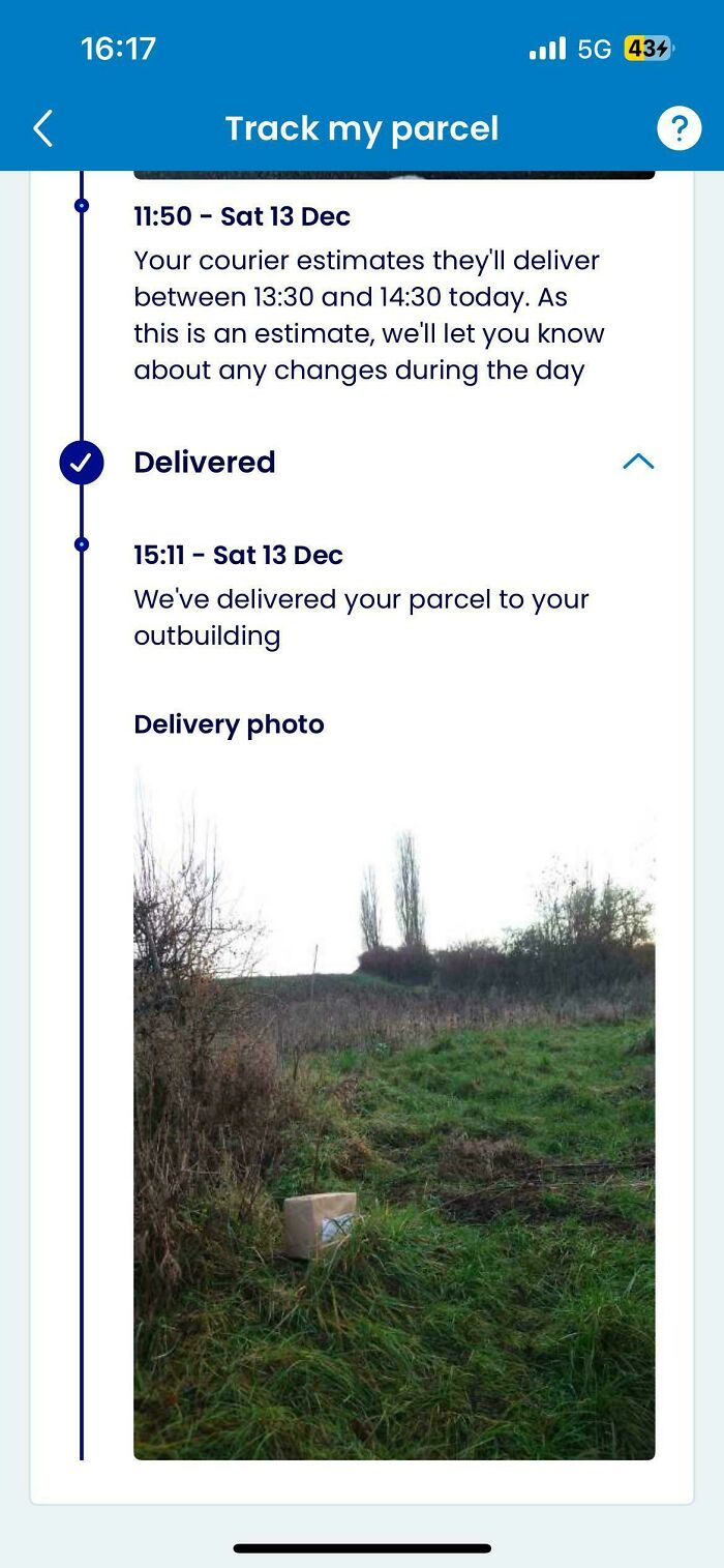 A single package is left in a grassy field, emphasizing an unusual delivery fail.