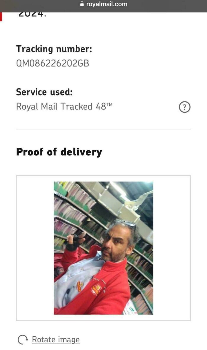 A screenshot of a Royal Mail tracking page with a proof of delivery photo featuring a delivery person taking a selfie, showing delivery fails.