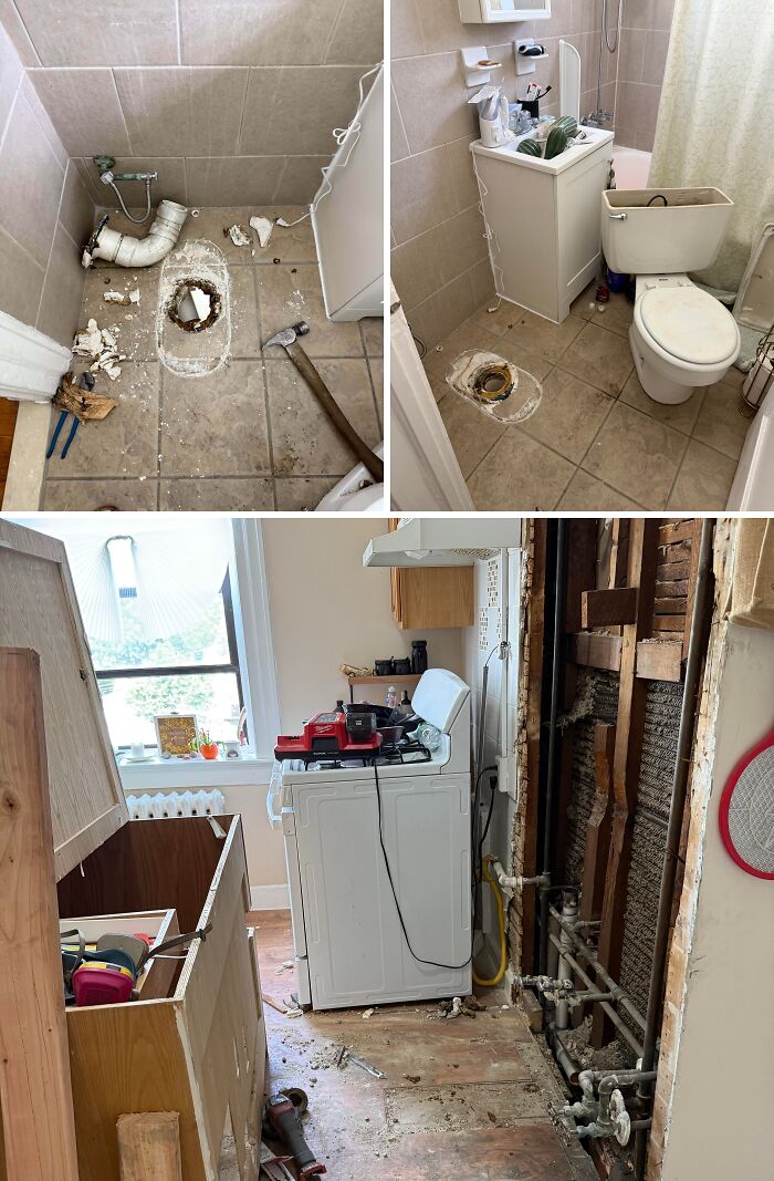 A collage of neglected bathroom and kitchen renovations, highlighting issues tenants face with horrible landlords.