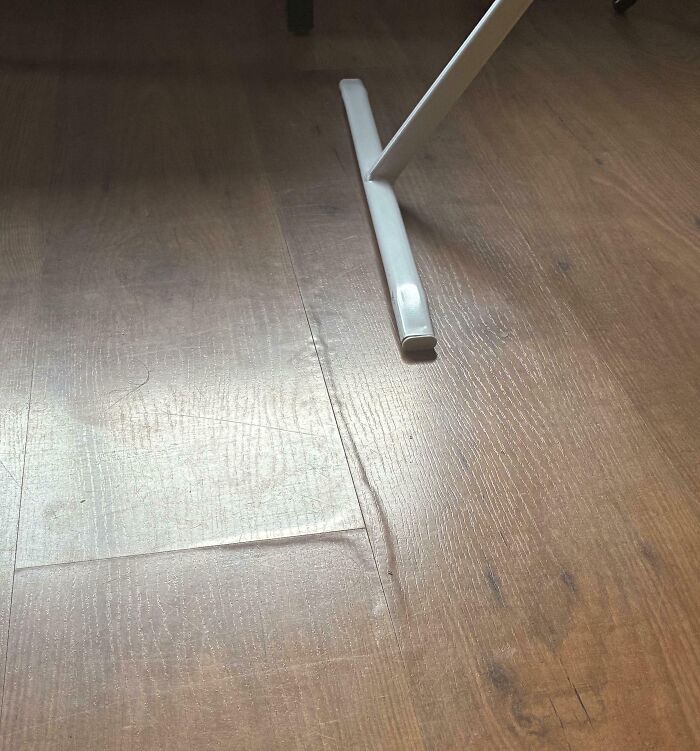A warped wood floor showing water damage, illustrating a tenant's miserable living situation with horrible landlords.