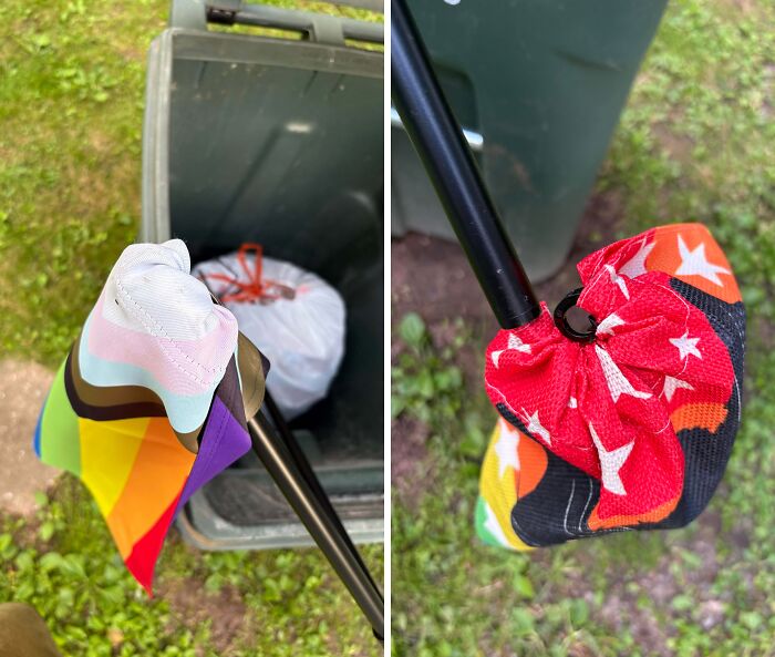 A split image showing a long grabber tool picking up two different colorful socks from a green bin, reflecting how horrible landlords can make a tenant's life miserable.