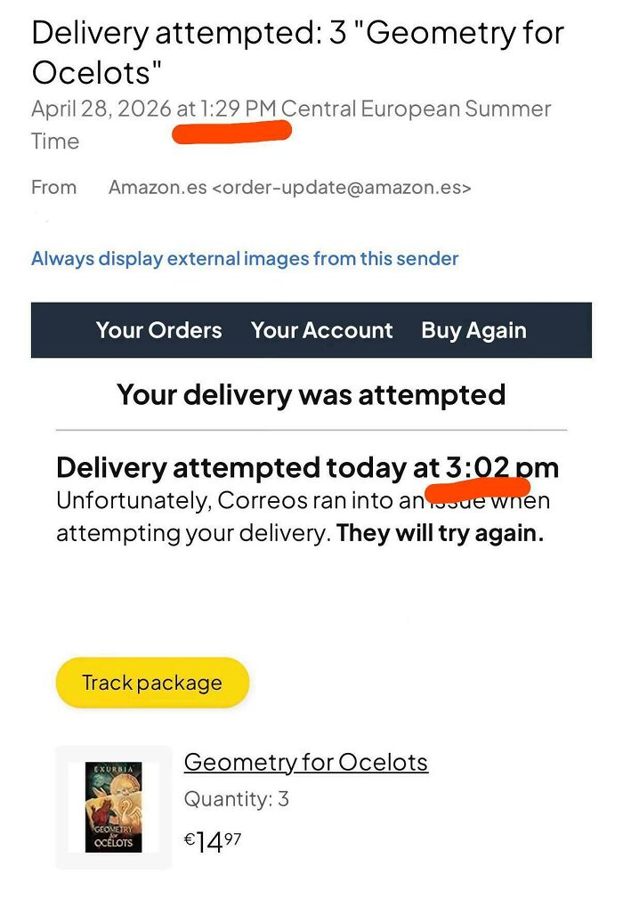 A screenshot of two email notifications from Amazon about an attempted delivery for Geometry for Ocelots, exemplifying delivery fails.