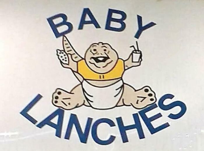 A cartoon logo for 'Baby Lanches' featuring a baby dinosaur, a creepy design fail.