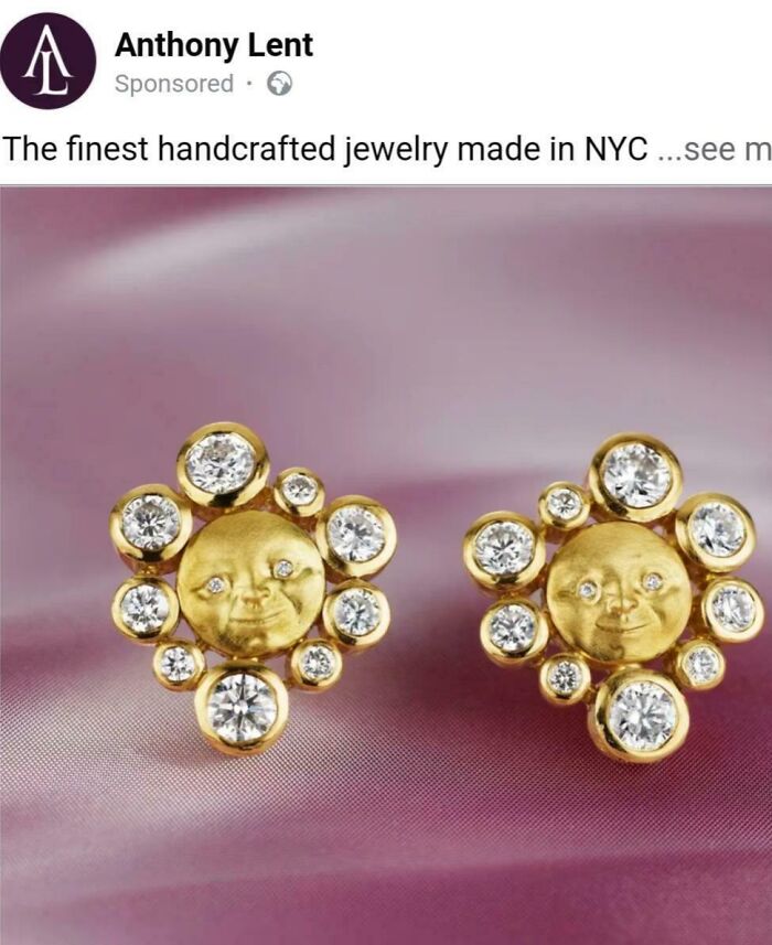 Gold sun-faced earrings with diamonds, an example of jewelry design fails that may make people feel uncomfortable.