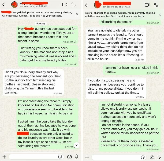 Text messages from horrible landlords harassing a tenant about laundry and smoking, making tenant's life miserable.