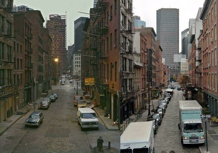 Before-and-after photos capture America's urban evolution from a classic street scene to a modern cityscape.