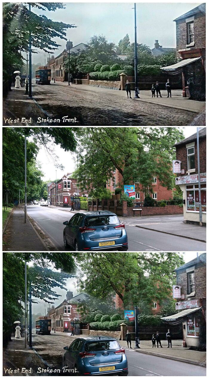 Compilation of before-and-after photos illustrating how America has changed, featuring a street in Stoke-on-Trent with a seamless transition.