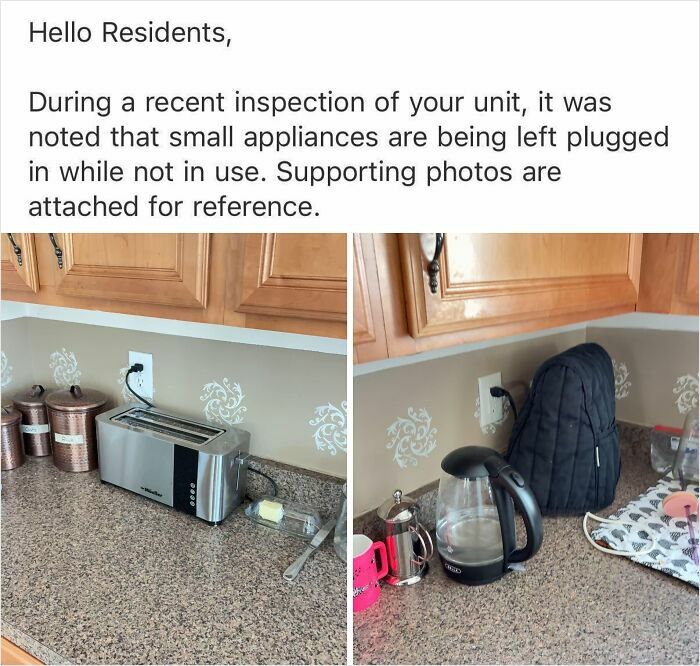 Kitchen countertop with small appliances plugged in, showing a horrible landlord's strict rules making a tenant's life miserable.