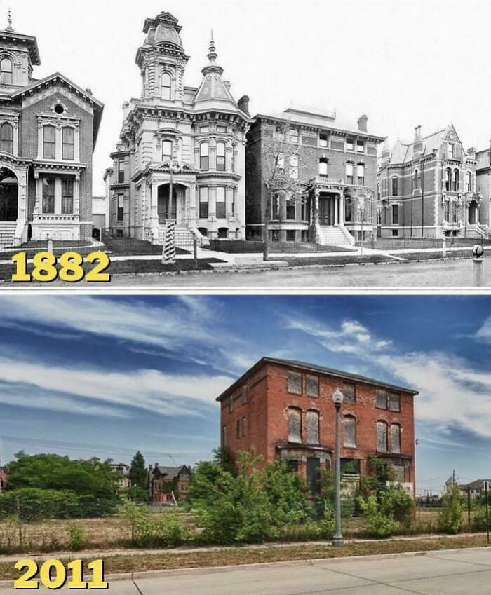 A before-and-after photo showing how much America changed, featuring grand Victorian houses in 1882 vs. a single dilapidated brick building in 2011.