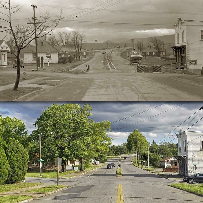 Before-and-after photos of a street in America, illustrating changes in trees, road construction, and buildings over time.