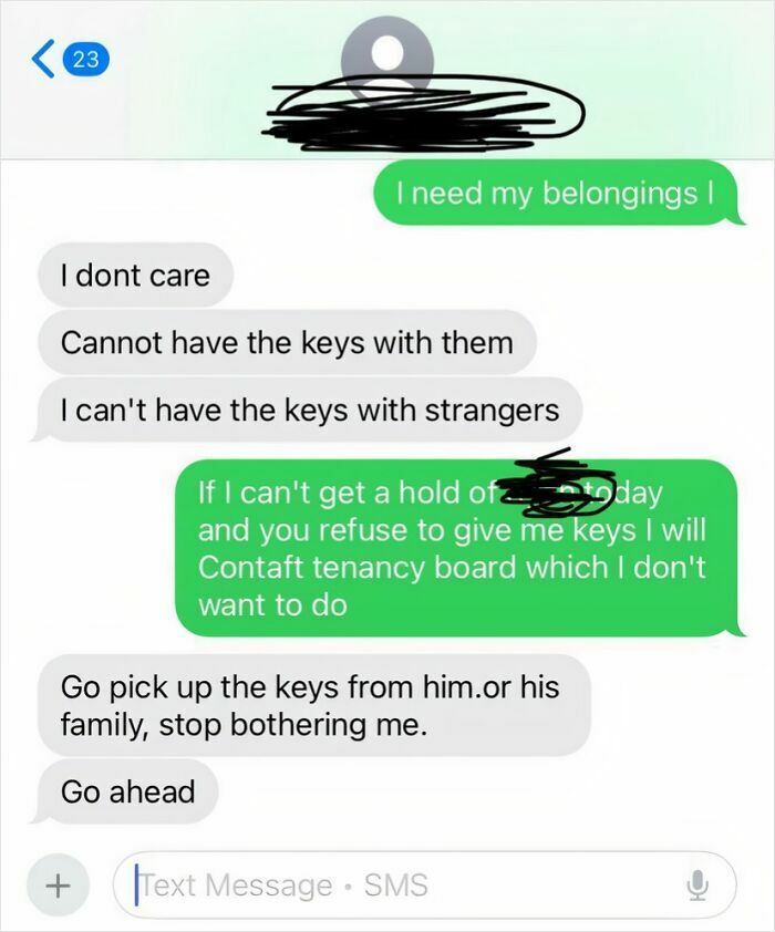 A screenshot of text messages revealing a horrible landlord refusing to return a tenant's belongings and keys, making their life miserable.