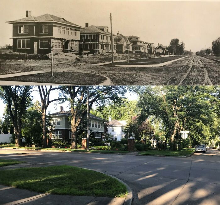 America before-and-after photos show a residential street changing from unpaved roads and young trees to paved roads and mature trees.